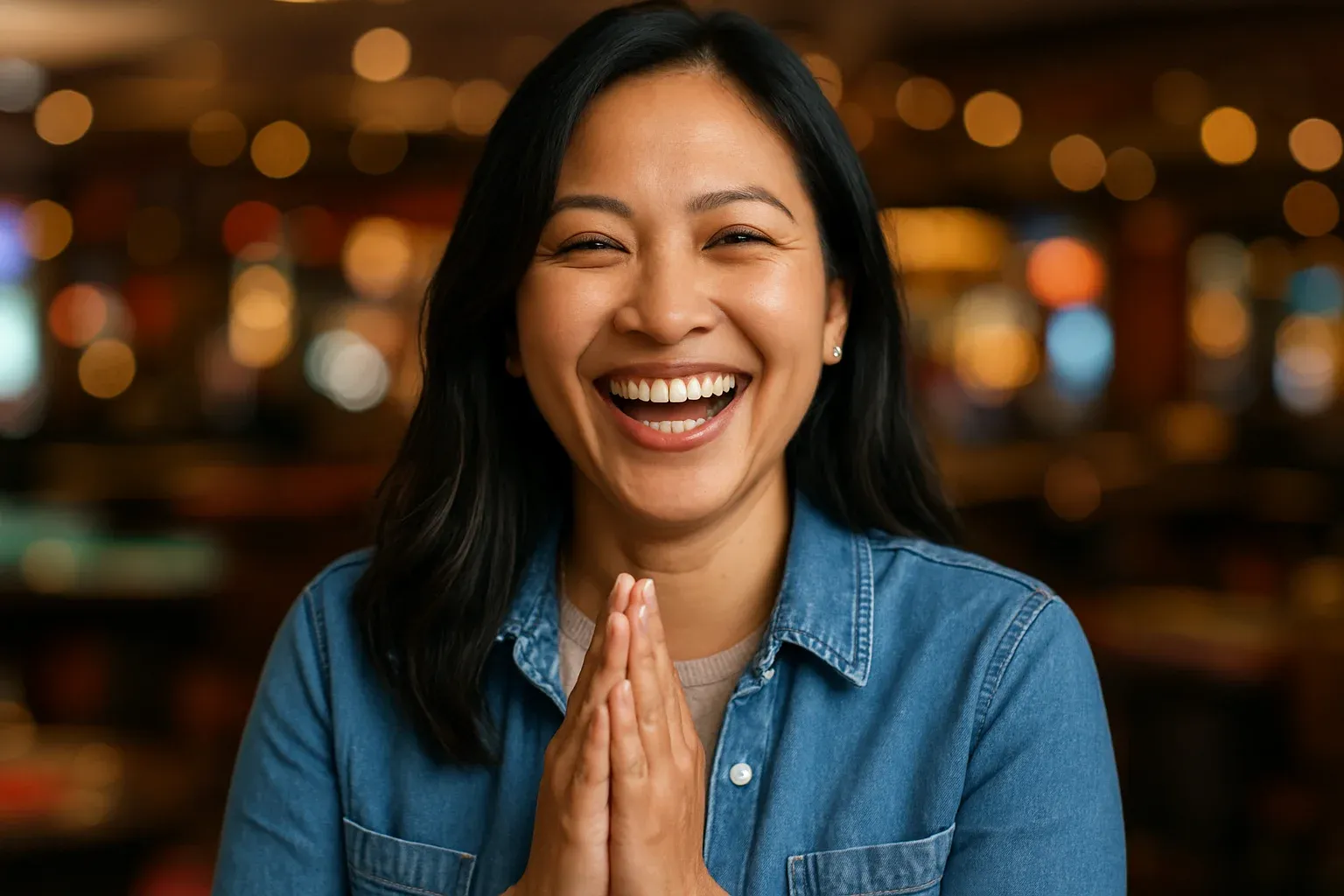 Cheerful Filipino woman laughing with hands together at blurred casino bar