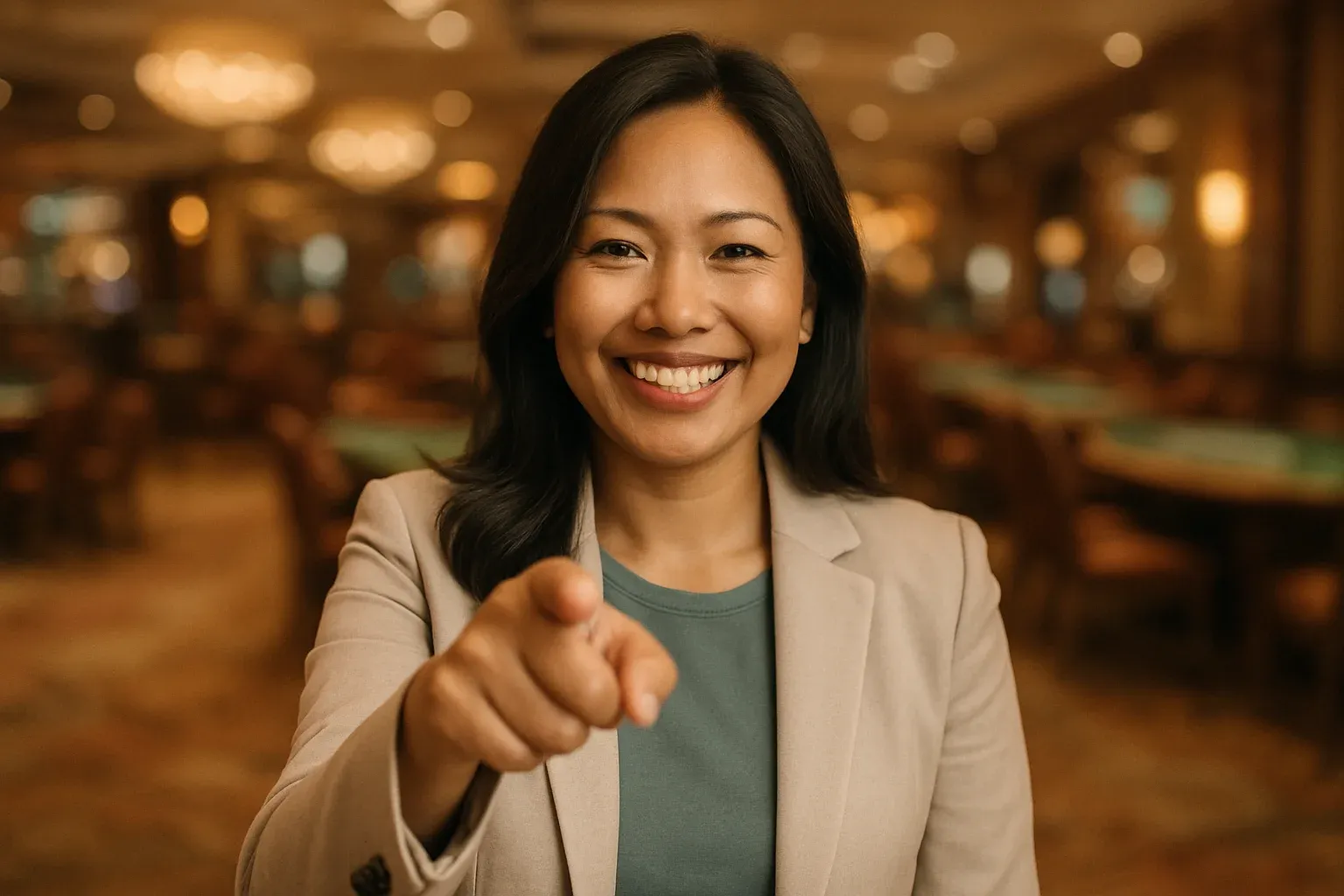 Confident Filipino businesswoman pointing at camera in warm casino lounge
