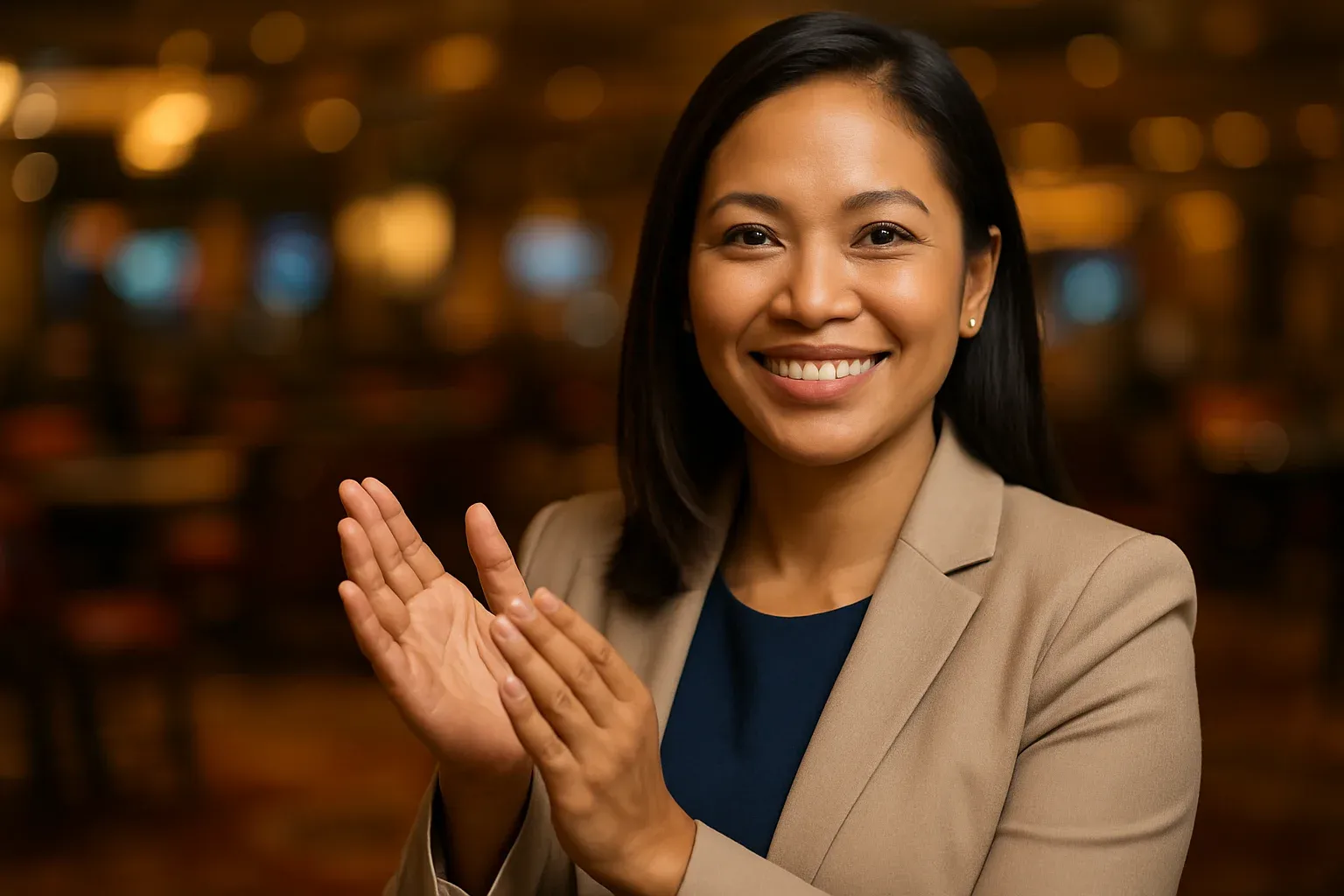 Confident Filipino woman in business casual clapping in warm casino lounge
