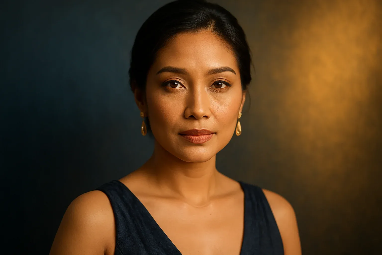 High-resolution portrait of sophisticated Filipino woman in evening dress, blue-gold background