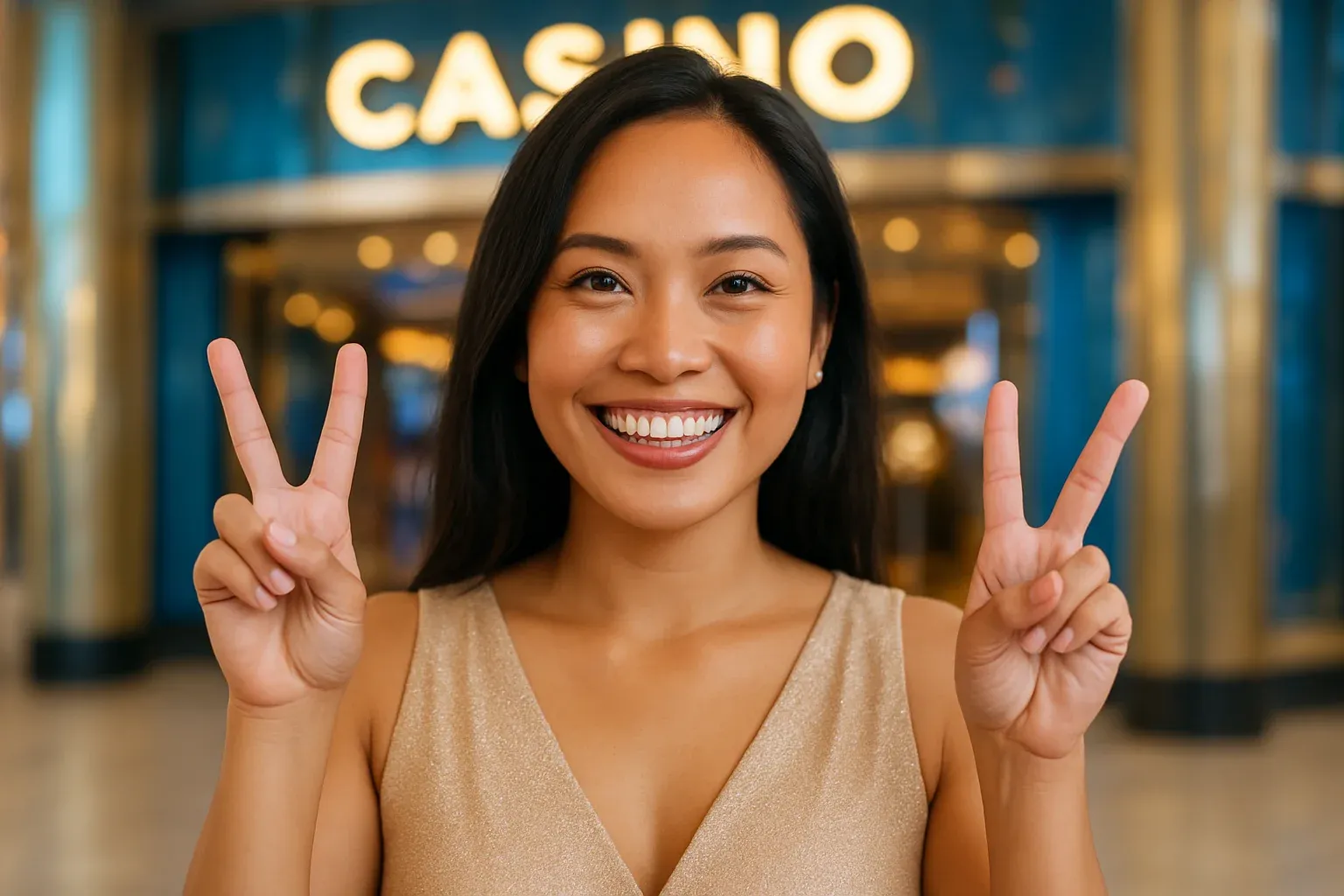 Happy Filipino woman in elegant dress making V-sign at casino entrance