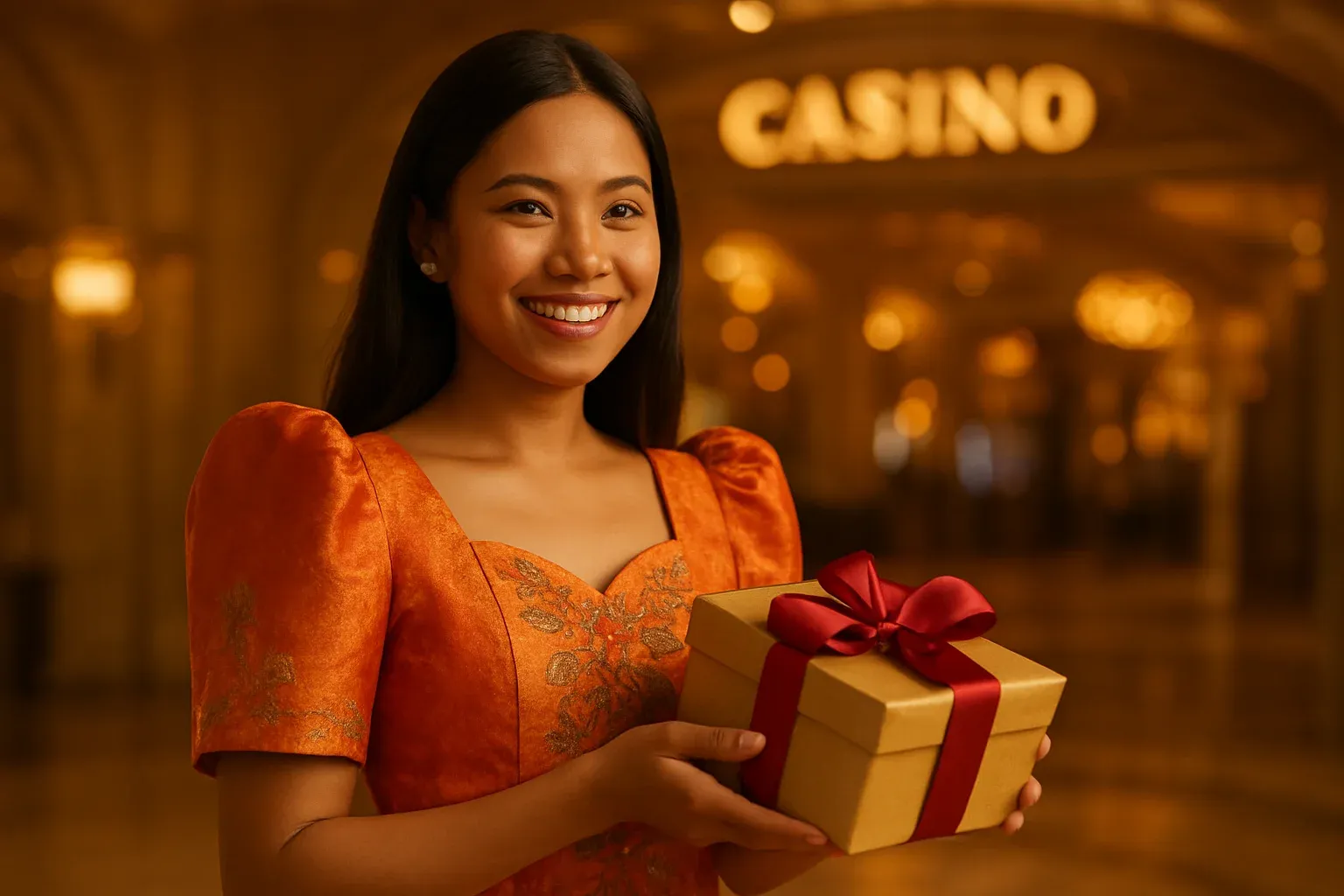 Radiant Filipino woman in vibrant Filipiniana dress holding gift box