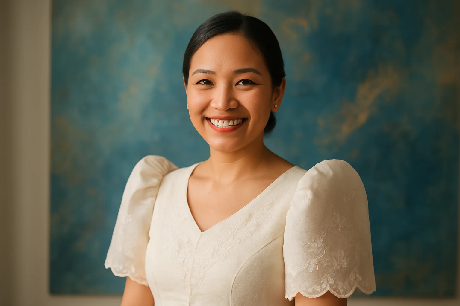 Happy Filipino woman in contemporary Filipiniana outfit on blue and gold background