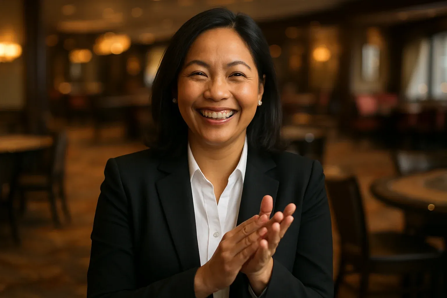 Sophisticated Filipino woman in business attire clapping in warm casino lounge