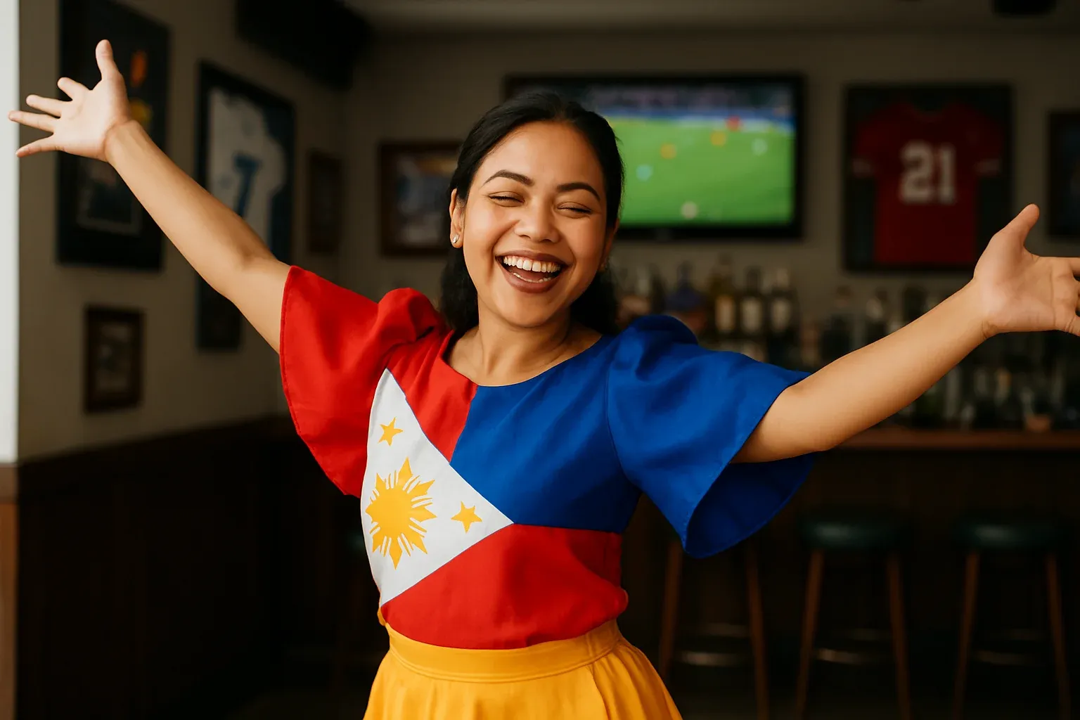 Happy Filipino woman in fan attire celebrating in a blurred sports bar